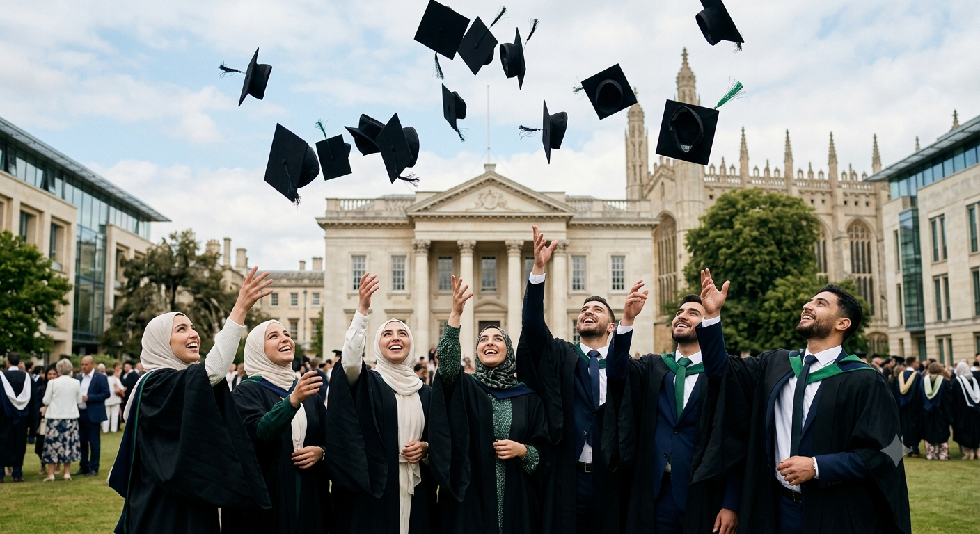 طلاب يحتفلون بالتخرج أمام الجامعة